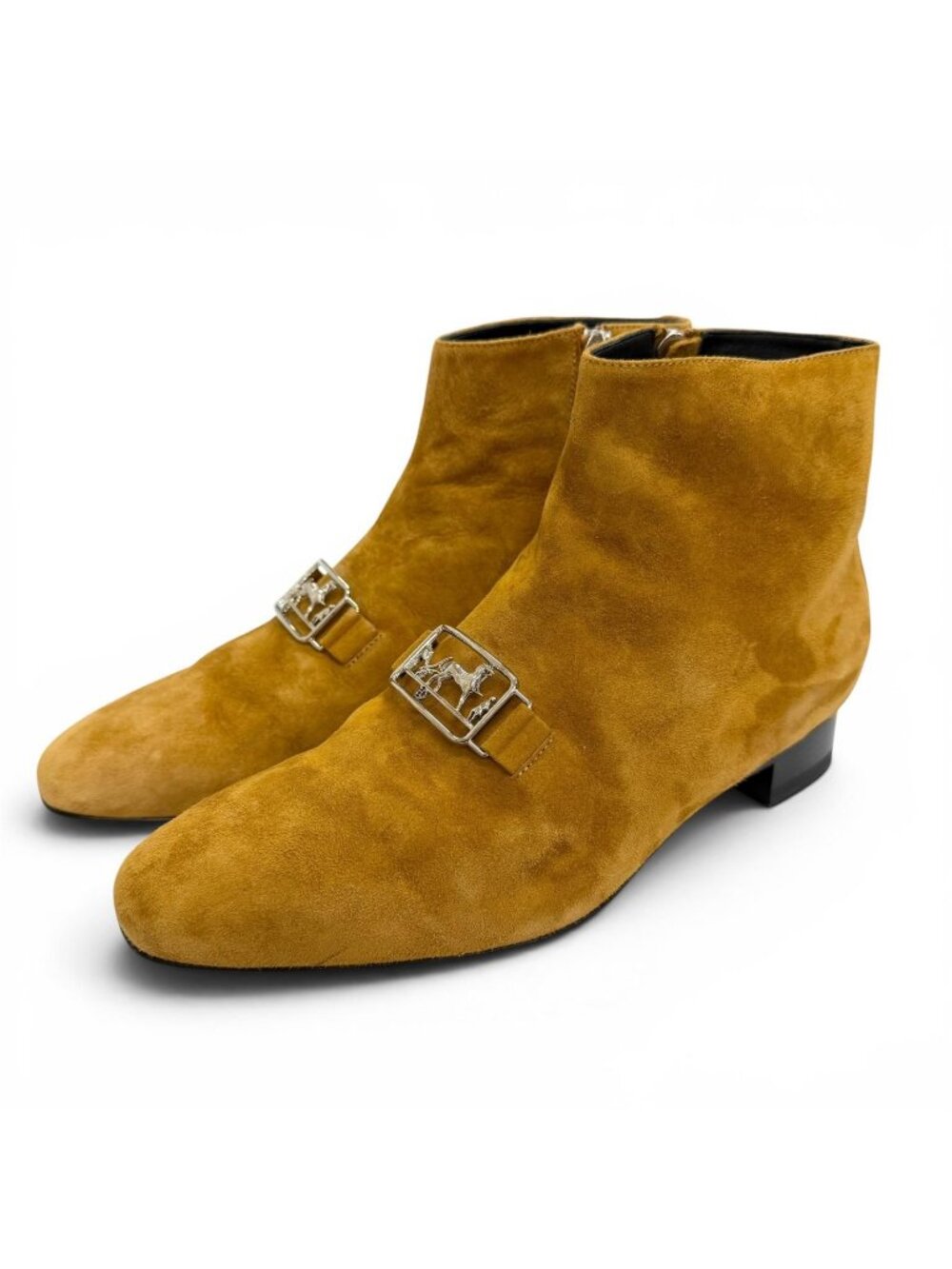 Hermes Suede Leather Carriage Logo Side Zip Short Boots Ankle Camel Brown